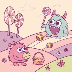 Funny Little Monsters Playing with Toys in a Candy Land World