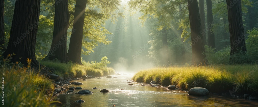 Poster Forest stream with morning sunlight filtering through the trees, creating a peaceful and serene natural landscape.