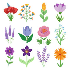 Whimsical Floral Assortment: Set of Flat Vector Flowers