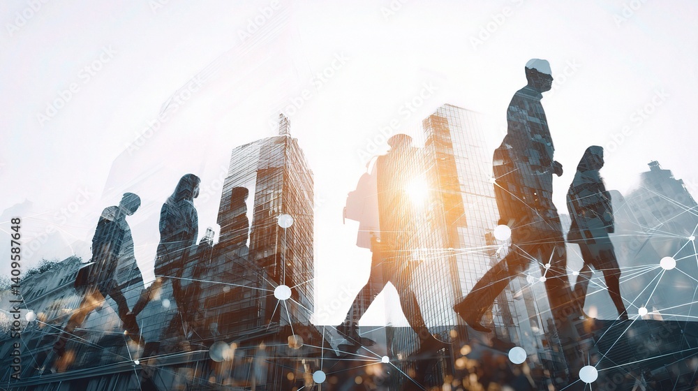 Poster digital teamwork and business networking in modern cityscape