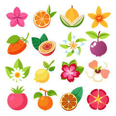 Tropical fruits and flowers, vector illustration, summer vibes