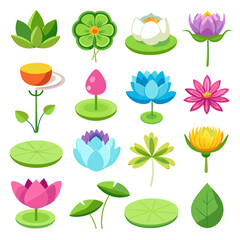 Collection of Water Lilies Vector Set Flat Style