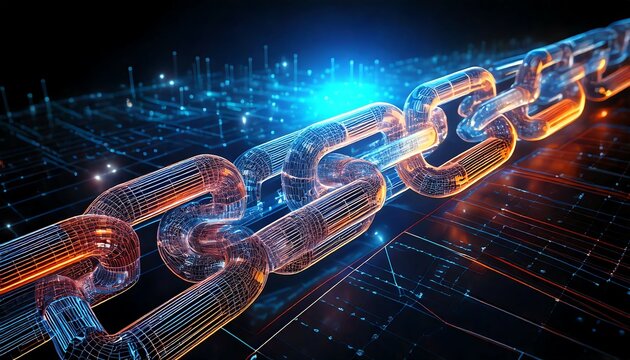 An abstract representation of blockchain networks with interlocking chain links made of glowing glass, hovering over a dark digital space.
