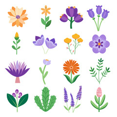Colorful Flower Collection Set in Flat Vector Illustration
