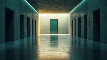 Dark hallway with multiple doors leading to a single, brightly lit door at the end