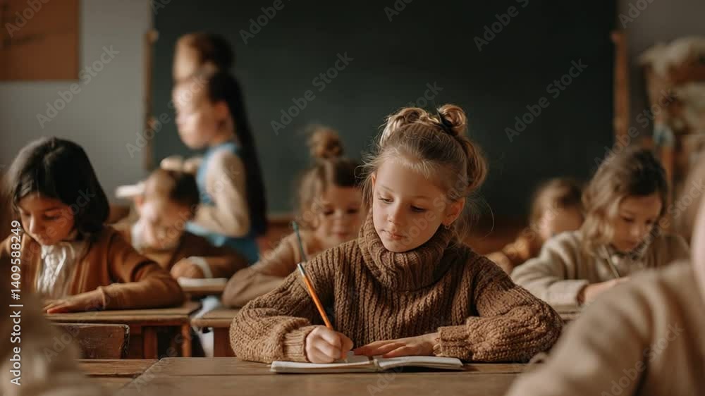 Poster focused child writing notes during class lesson in a classroom generative ai