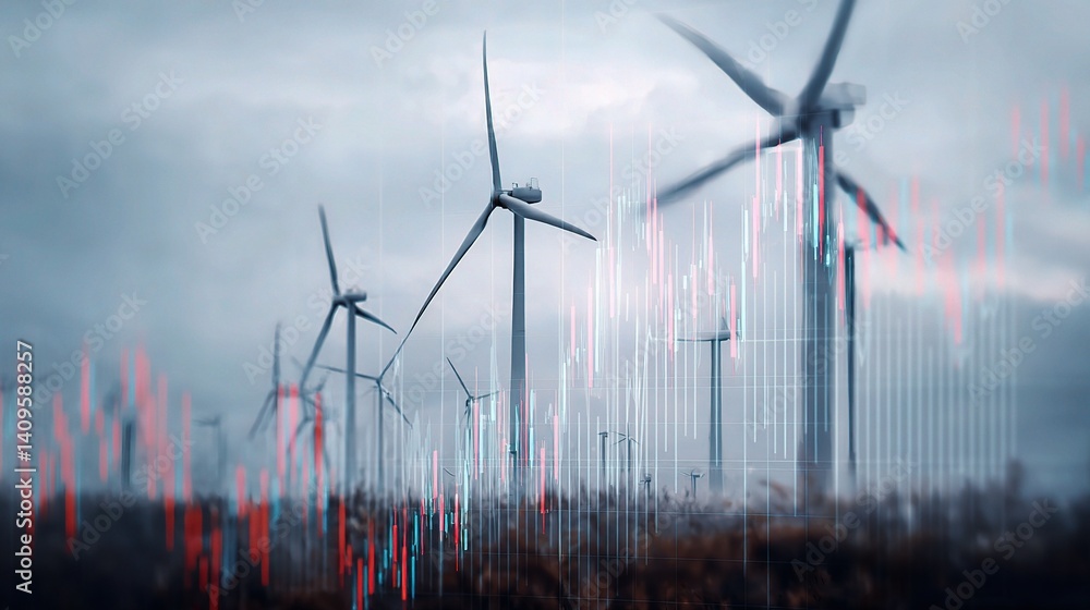 Poster wind turbines with market graph overlay in a cloudy environment