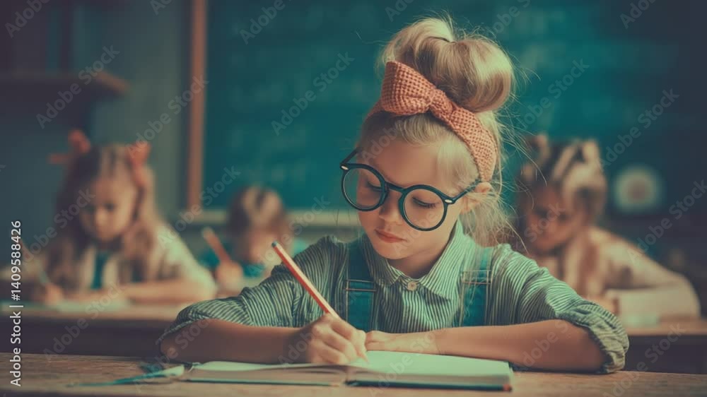 Poster smart girl studying in class while writing in her notebook generative ai