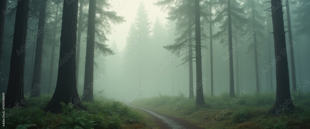 Poster Misty Path Through a Dense Forest of Towering Trees with Ethereal Fog and Lush Green Undergrowth