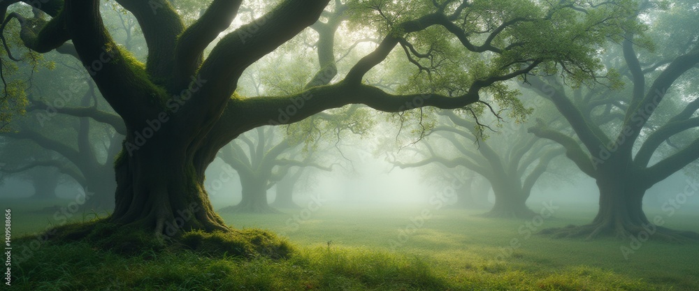 Poster misty meadow with massive ancient moss-covered trees creating a serene and atmospheric landscape