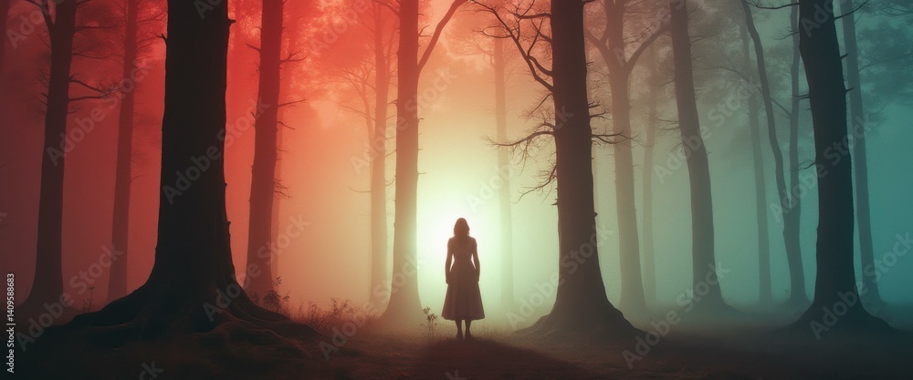 Poster woman standing in a surreal foggy forest with dramatic red and teal lighting, creating a mysterious 