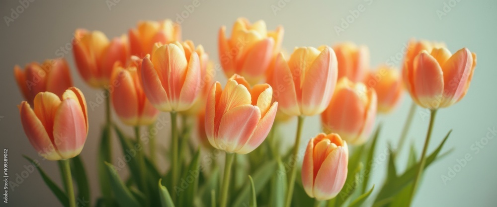 Poster beautiful close-up of peach and yellow tulips in full bloom displaying delicate petals and vibrant c
