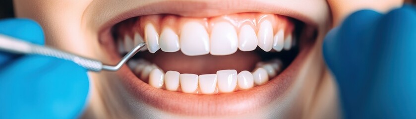 Close-up View of Healthy Gums and Teeth During Dental Examination with Dental Instrument by Professional Dentist in Blue Gloves
