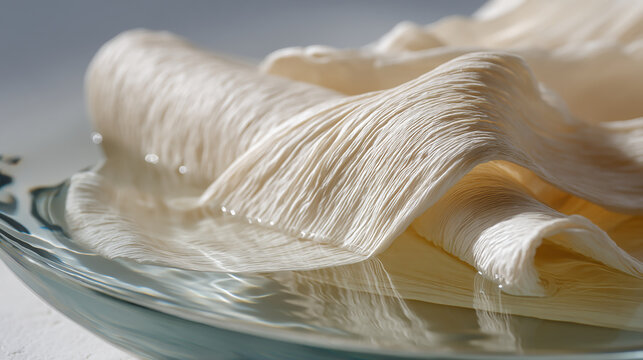 Fresh yuba sheet unfolding in water delicate silk texture