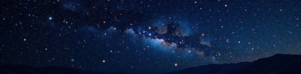 Naklejka premium Sparkling stars against a velvety black background of night sky with planets and constellations visible in the distance, stardust, astronomy