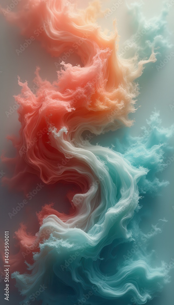 Poster ethereal swirls of coral and turquoise colored smoke create a mesmerizing abstract artwork ideal for