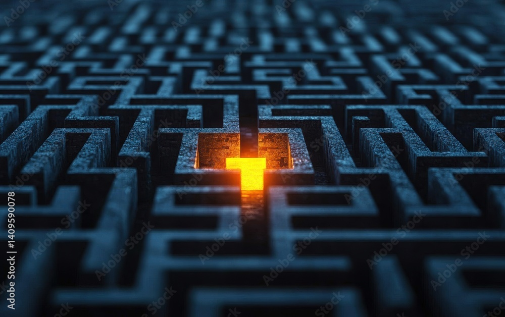 Poster a captivating maze with a glowing orange cross at its center, symbolizing a path or solution amidst 