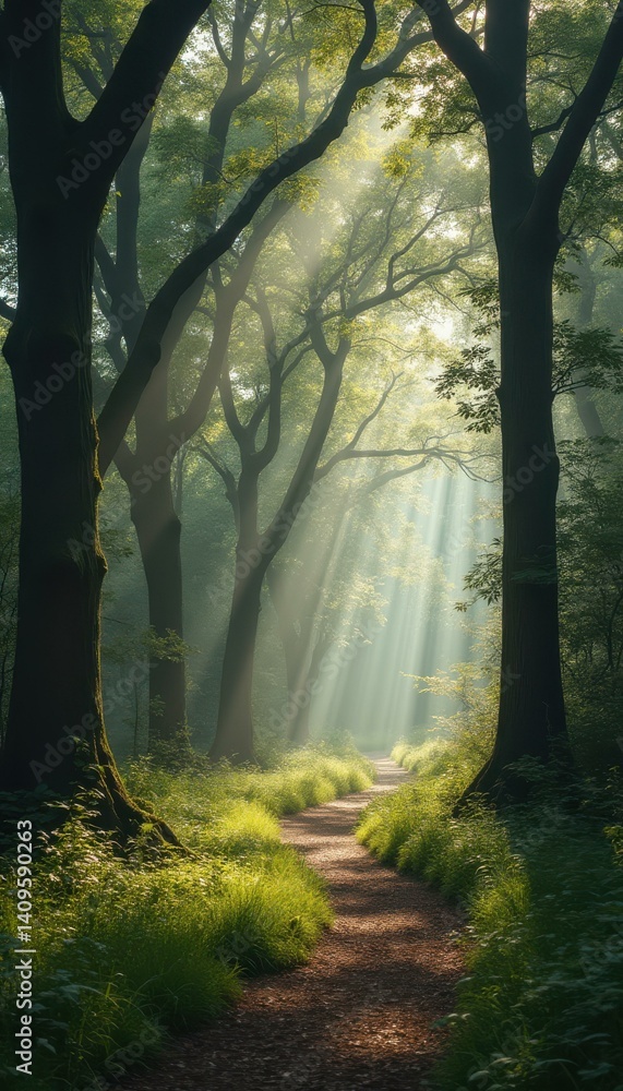 Aufkleber sunbeams illuminate a tranquil forest path amidst towering trees and lush greenery
