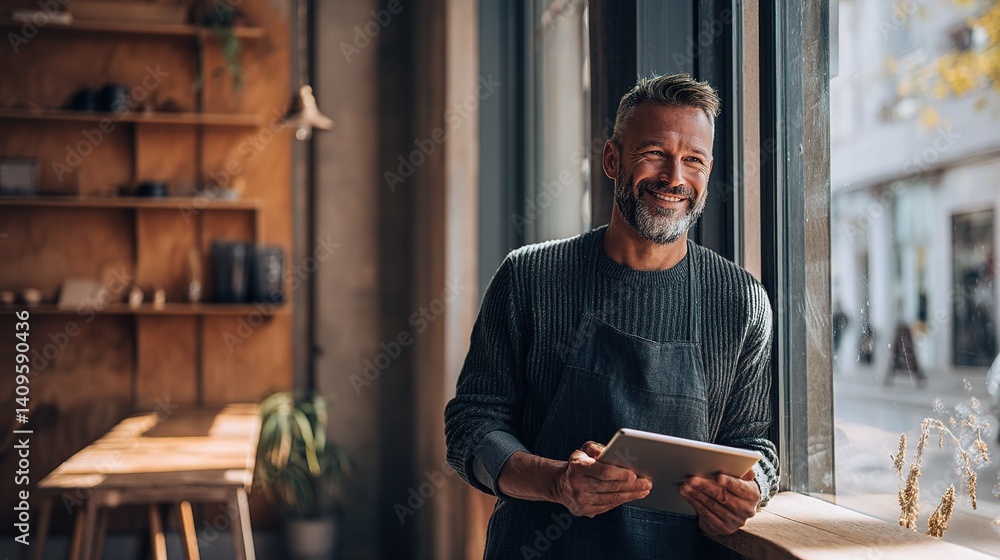 Poster smiling startup founder standing by window with digital tablet