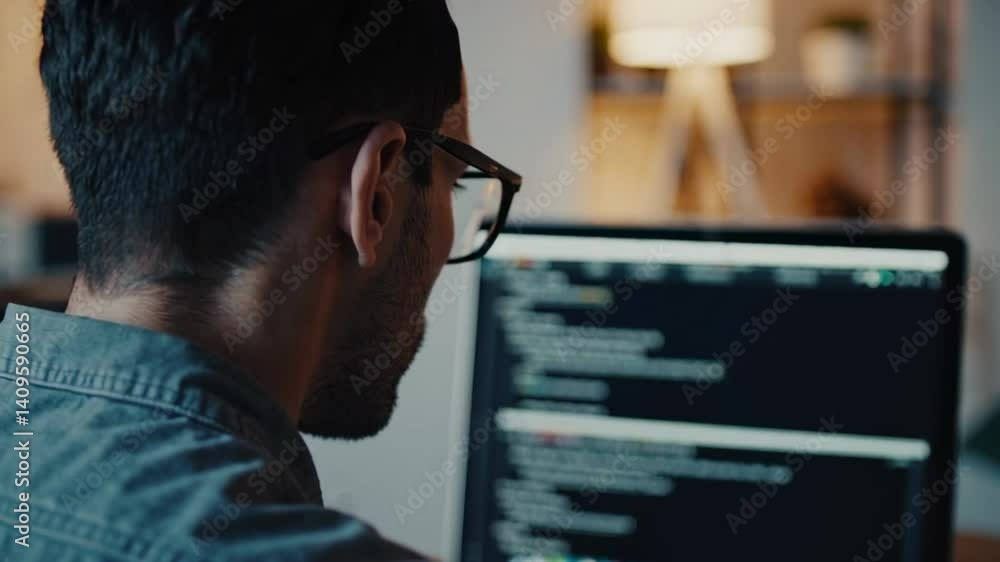 Aufkleber Concentrated software developer typing source code on laptop, carefully analyzing digital information while working remotely from home office workspace during evening hours