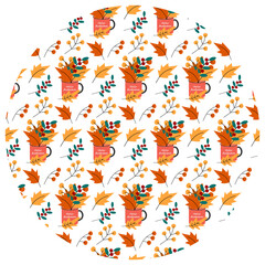 Autumn leaves and twigs in tea cup with lettering Hello Autumn Circular Pattern In trendy fall tint