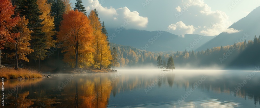 Poster serene autumn lake with colorful trees reflected in the water under a misty sky, creating a peaceful