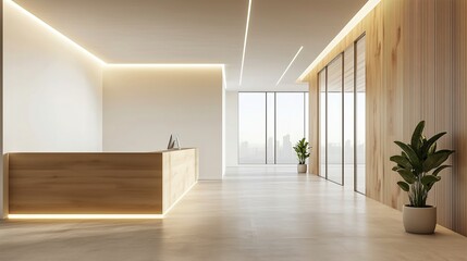 Fototapeta premium Modern Office Hallway with Reception Desk and Plant
