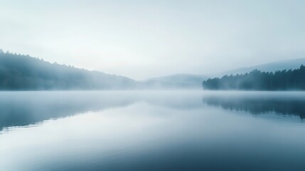 Obraz premium Misty morning landscape over a serene lake.
