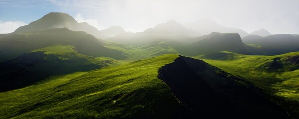 Lush green hills flourish under a bright blue sky filled with beautiful, fluffy clouds