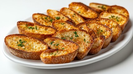 Close-up of toasted garlic bread slices on a white plate with parsley.