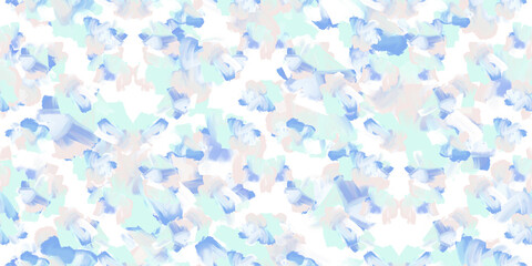 Abstract Pastel Blue Seamless Pattern. Creative Design With Chaotic Blue, White and Beige Brush Spots. Artistic Repeatable Print Made Of Messy Scribbles. Abstract Expressionism Painting-like Pattern.