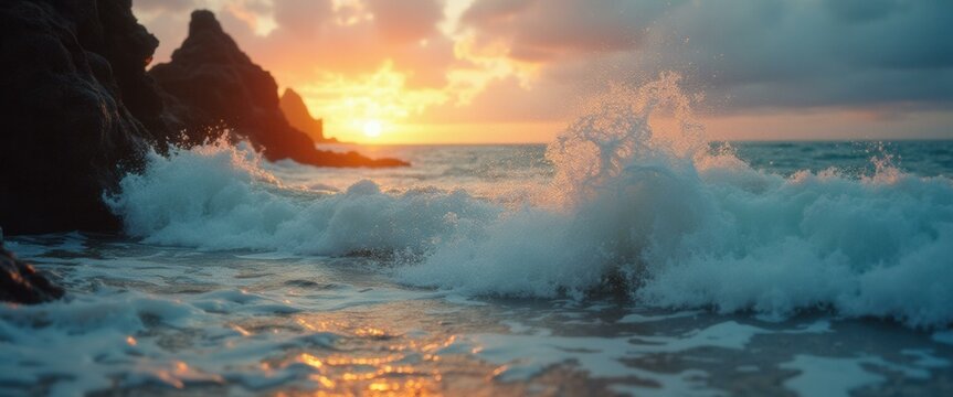 Powerful ocean waves crash against a rocky shore at sunset, creating dramatic splashes and golden reflections
