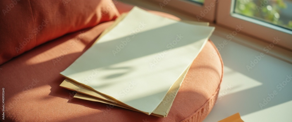 Poster stack of blank paper on cushioned seat bathed in warm light near a window