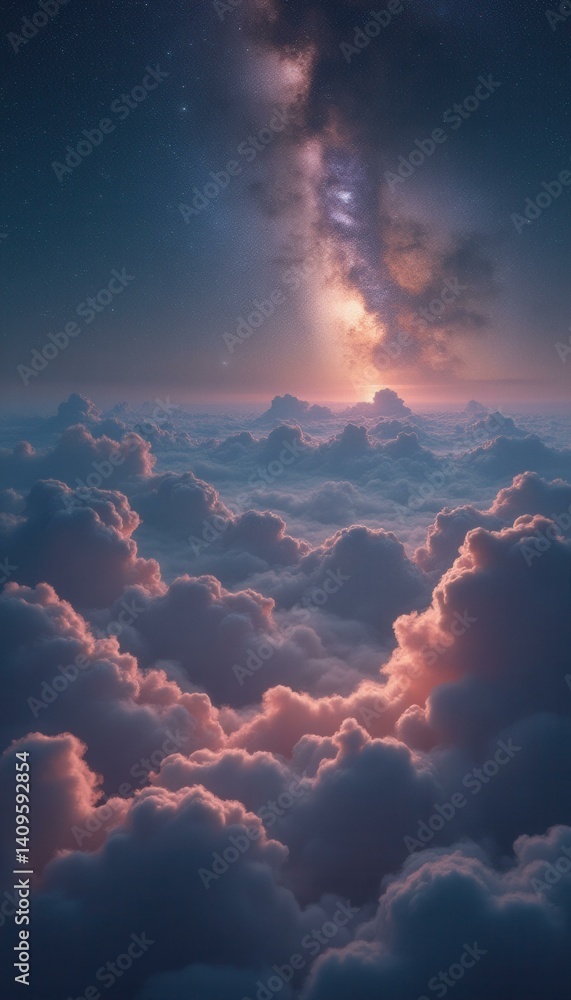 Poster celestial symphony: a breathtaking view of a vibrant milky way above a sea of clouds, illuminated by