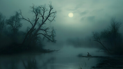 Misty, moonlit river landscape at night.