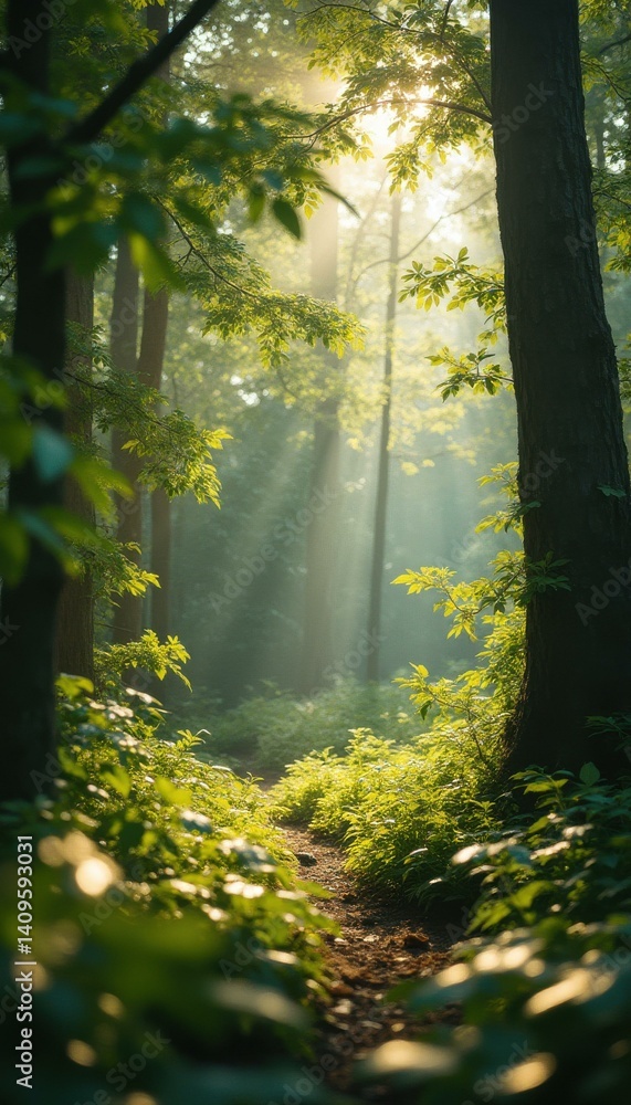 Poster Sunlight Filtering Through a Lush Forest Path, Illuminating Green Foliage and Creating a Tranquil Scene