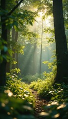 Obraz premium Sunlight Filtering Through a Lush Forest Path, Illuminating Green Foliage and Creating a Tranquil Scene