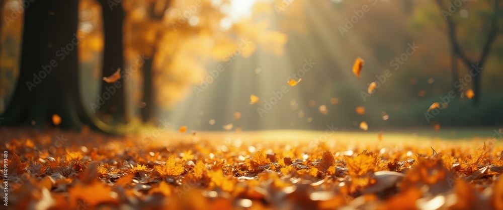 Aufkleber golden sunlight filters through falling autumn leaves in a serene forest landscape, creating a warm 