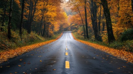 Fototapeta premium Winding Autumnal Road: A Journey Through Nature's Golden Palette