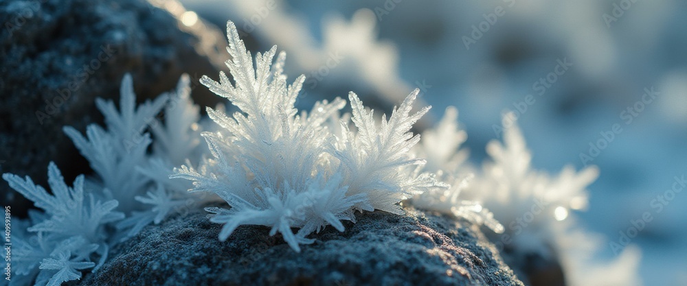 Poster ice crystals glisten in the sunlight, forming intricate patterns on a stone surface, creating a fros