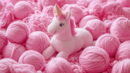 A soft, pink plush unicorn sits amongst balls of fluffy pink yarn.