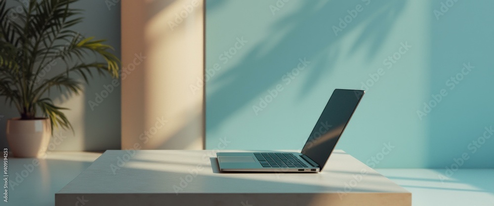 Poster minimalist workspace with laptop and plant in serene setting, featuring soft light and modern aesthe