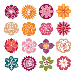Colorful Flower Collection of Floral Designs on White Background