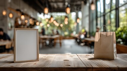 A cozy cafe interior featuring a wooden table with a blank frame and a paper bag, illuminated by warm pendant lights and surrounded by greenery, Coffee shop illustrations for commercial use.