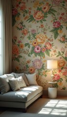 Serene Living Room Interior with Floral Wallpaper, Comfortable Sofa, and Gentle Sunlight