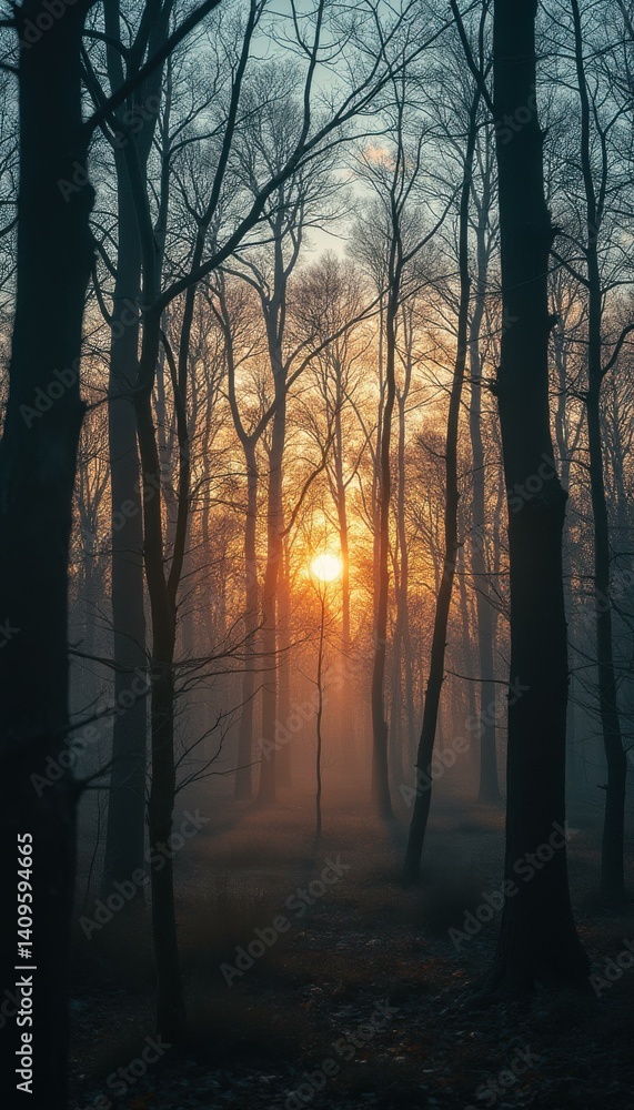 Poster forest scene with vibrant sunset through bare trees creating a misty, serene atmosphere in nature
