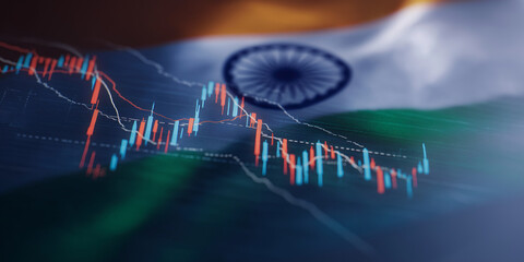 Indian flag with stock market candlestick graph representing economic data
