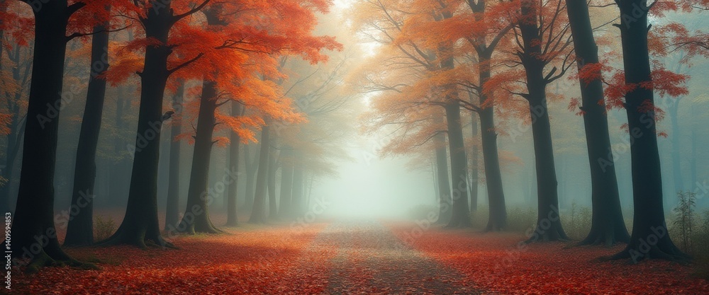 Poster Ethereal Forest Path in Autumn Mist with Vibrant Red Leaves and Dark Tree Trunks