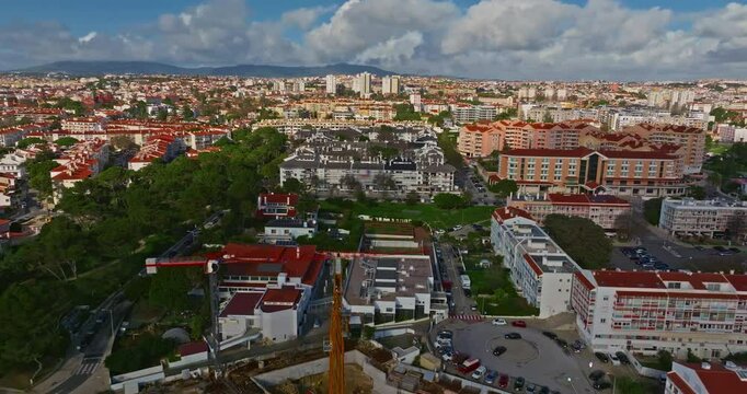 Aerial view of Carcavelos city, Portugal. Bird's eye view of Portuguese architecture in summer