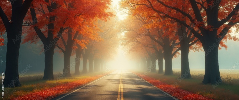 Poster autumn road through a tunnel of trees with orange foliage and fog creating an atmospheric and scenic